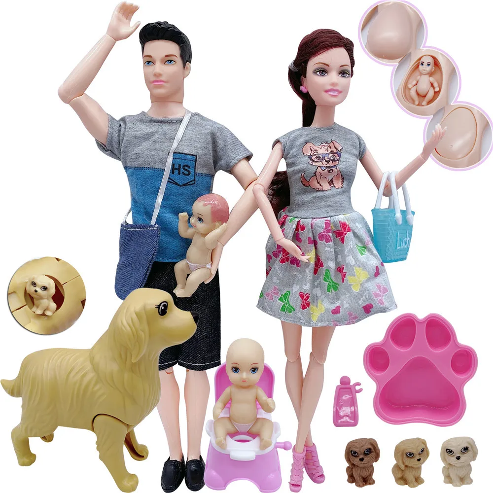 New Arrive Happy Family Set With Pet Furniture Pregnant Mom 30cm  Doll A Family of Five People Cozy Home