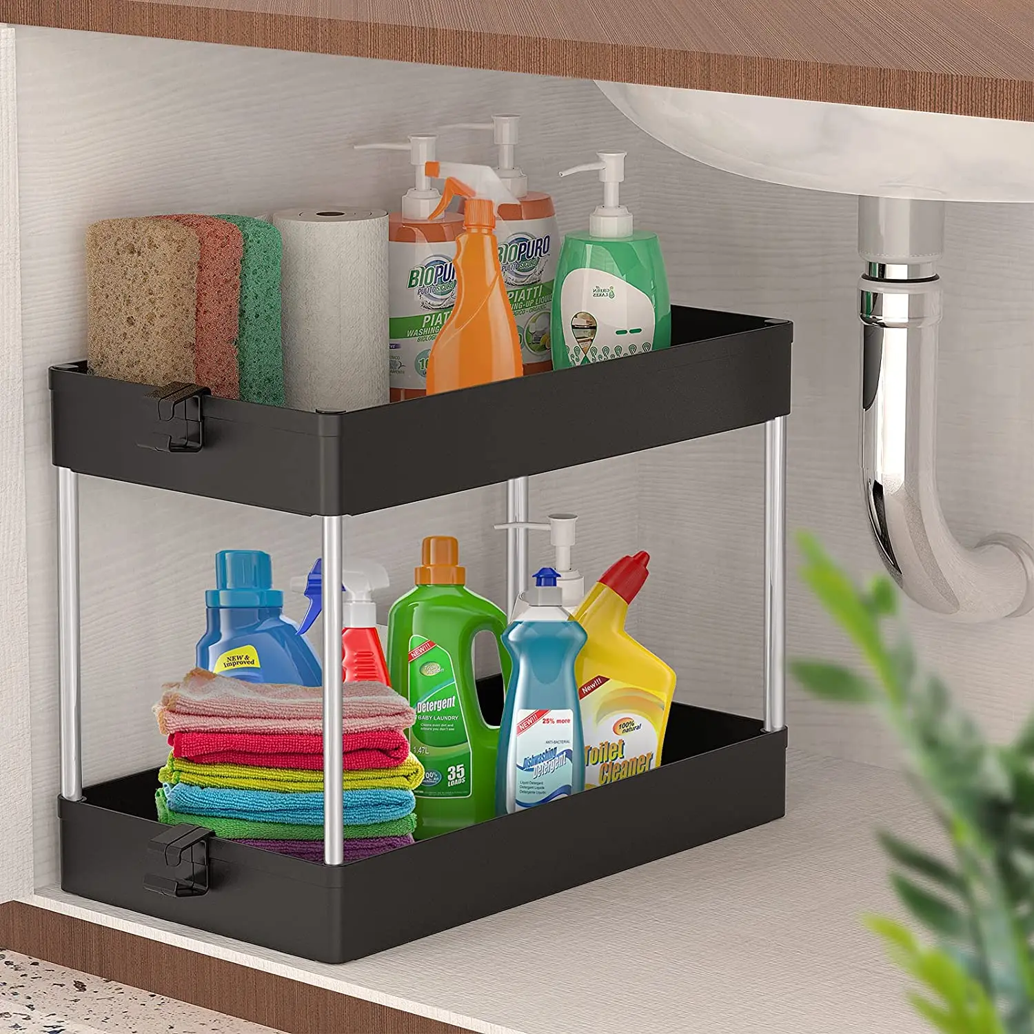  2 Tiers plastic Bathroom Kitchen Collection Basket cabinet Under Sink Shelf Organizer Rack Storage bathroom under sink