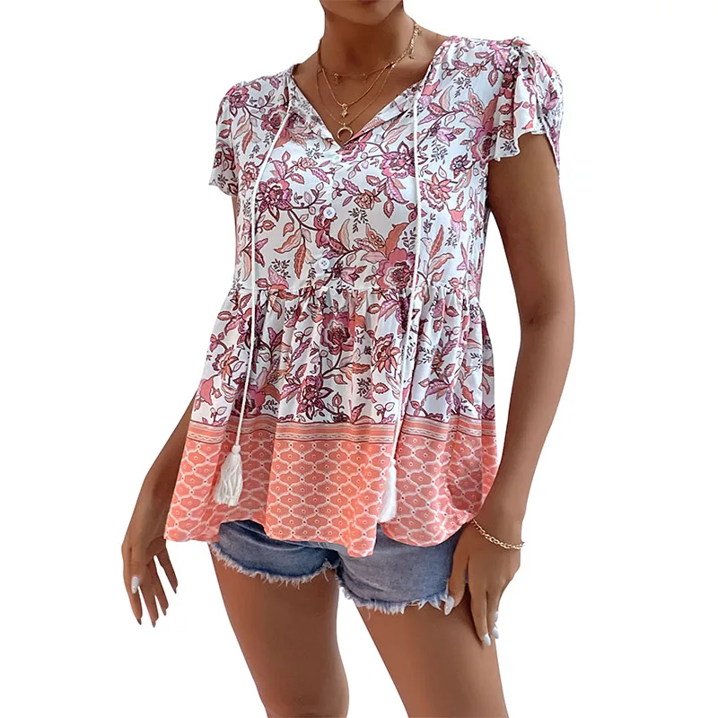 Dropshipping Blouse Vintage Designs Clothes Short Sleeve V Neck Floral Print Bohemian Summer Women Printed Blouses