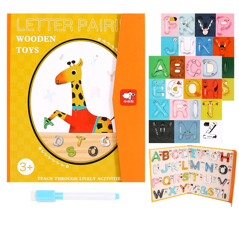 ABC Hot selling Early Educational Kids Magnetic Stickers Cards Toys Wooden Magnetic Alphabet Book with a pen toys for kids