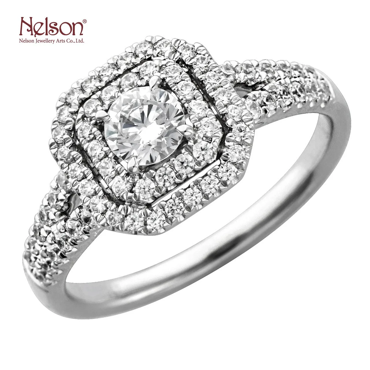 
Nelson Jewellery Design zero risk wholesale price OEM ODM 18K White Gold Anniversary Double Halo Diamond Ring Mount for women 