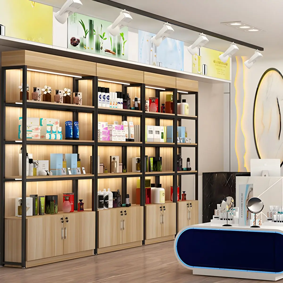 custom Supermarket wooden retail display shelving and metal cosmetic convenience grocery display cabinet stand for store