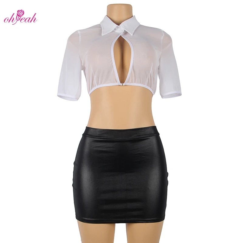 Leather Skirt Open Breast Shirt Transparent Secretary Sexy Costumes Mature Women Cosplay Costumes Adult Sexy Lingerie Set