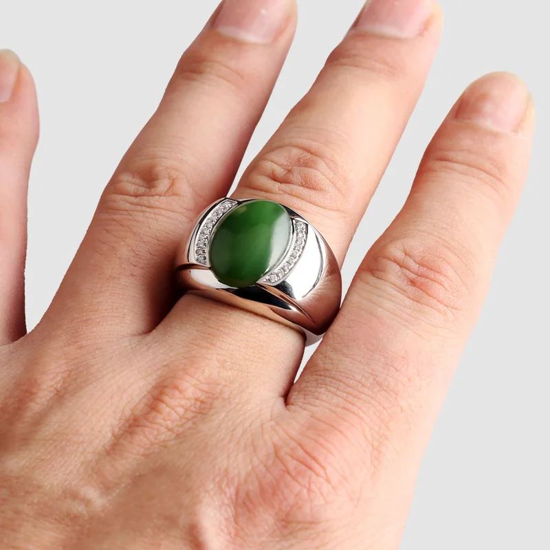 Custom Vintage Simple White Gold Natural Gemstone Rings For Man Laboratory Diamond 925 Sterling Silver Black Agate Male Ring