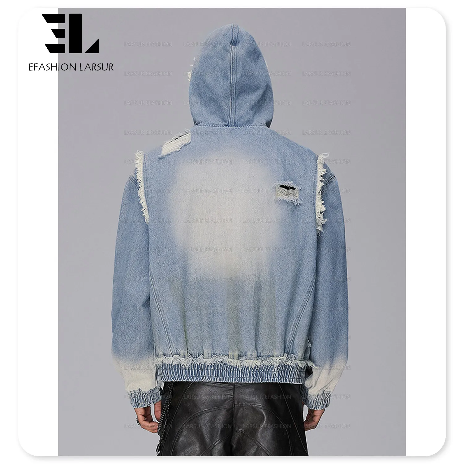 LARSUR Custom factory distressed wash zipper fly ripped denim jacket with hooded drop shoulder boxy  jeans denim hoodie for men