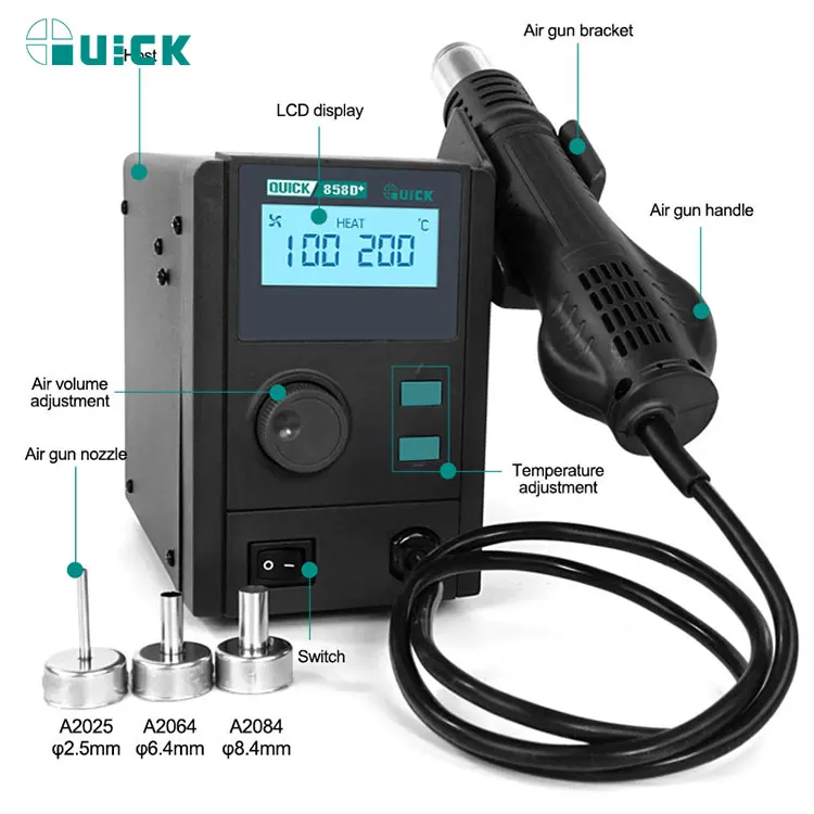 QUICK 858D+ 220V 700W Hot Air Soldering Station LED Digital Display Soft Wind Hot Air Heat Gun SMD BGA Rework Station tools