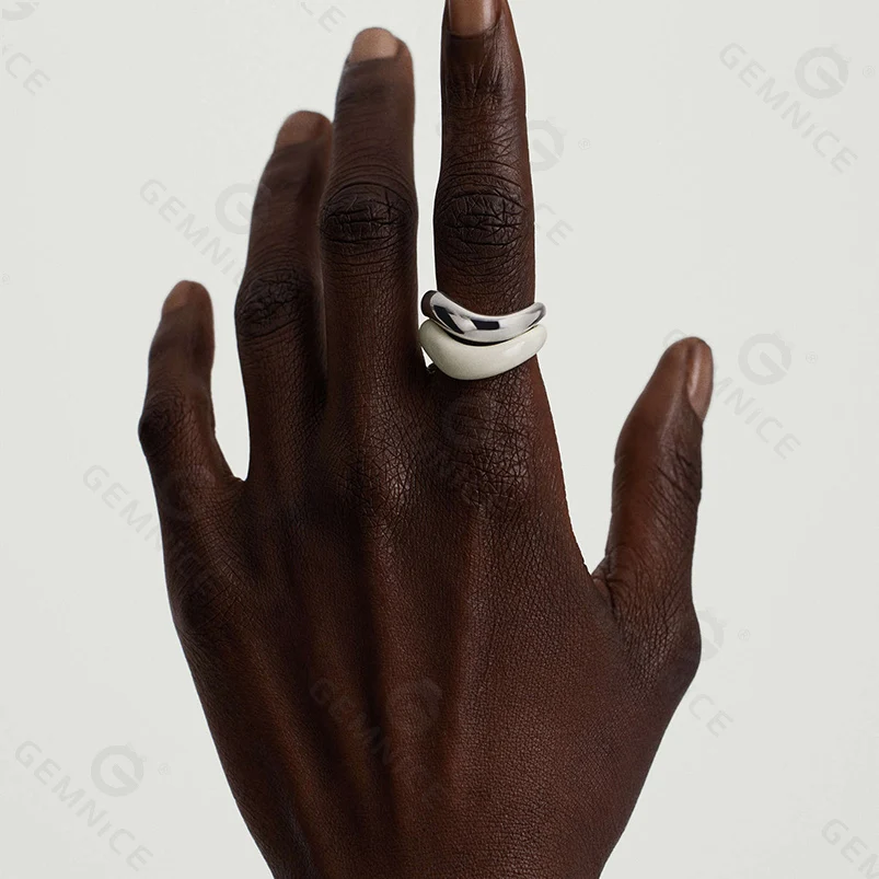 Gemnel 2024 new arrivals 925 silver rhodium plated chunky dome figure enamel band rings
