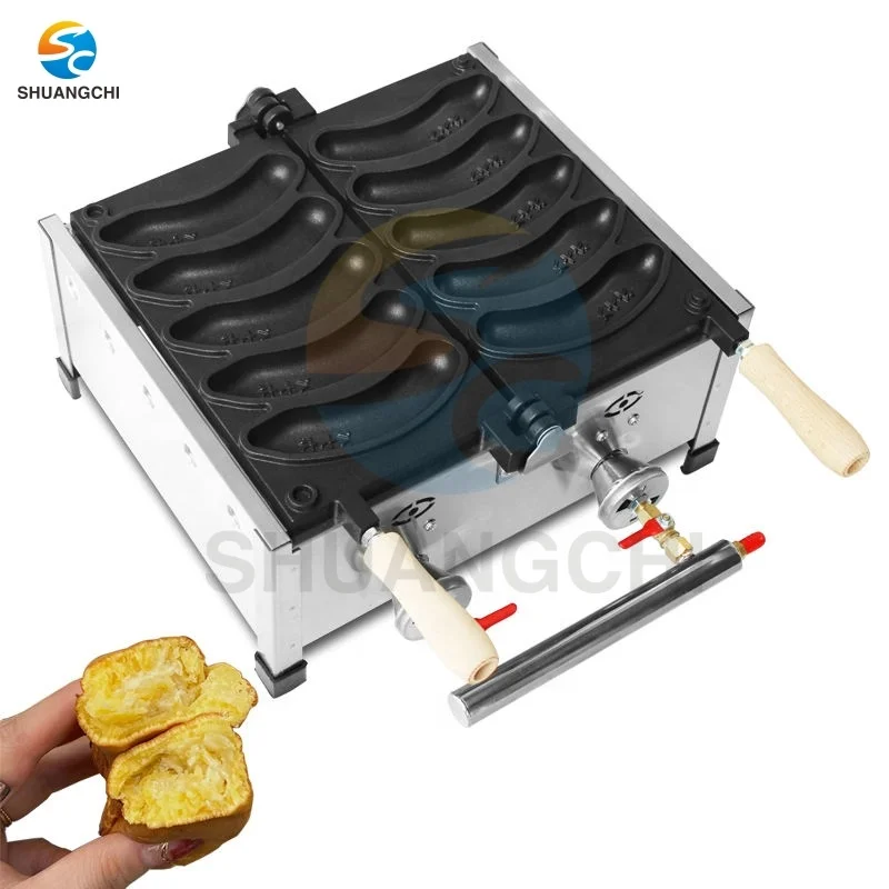 Non-sticking stainless steel snack machines banana shape waffle maker cheese waffle cake baker LPG gas banana shape waffle maker