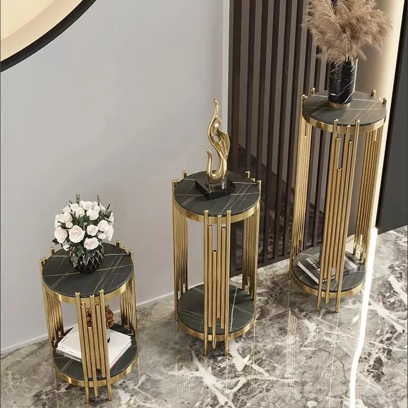 Hotel Modern Banquet Furniture Marble Top Gold Stainless Steel Round Wedding Cake Table Set for Events Flower Stand Side Table