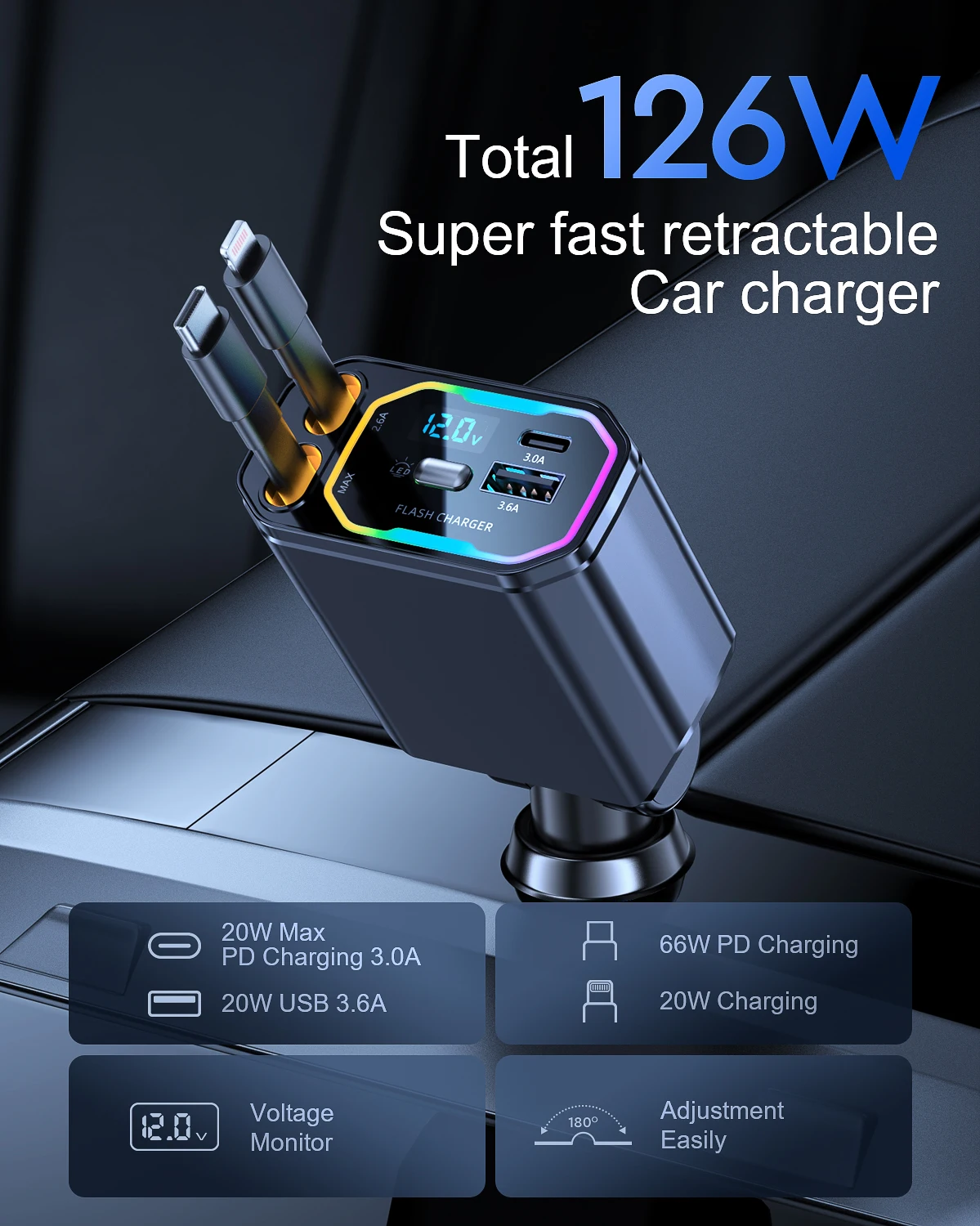 New 4 in 1 Multifunctional Wireless Car Charger 12-24v Quick Charger with LED Light 2 Retractable Cigarette Lighter Cables