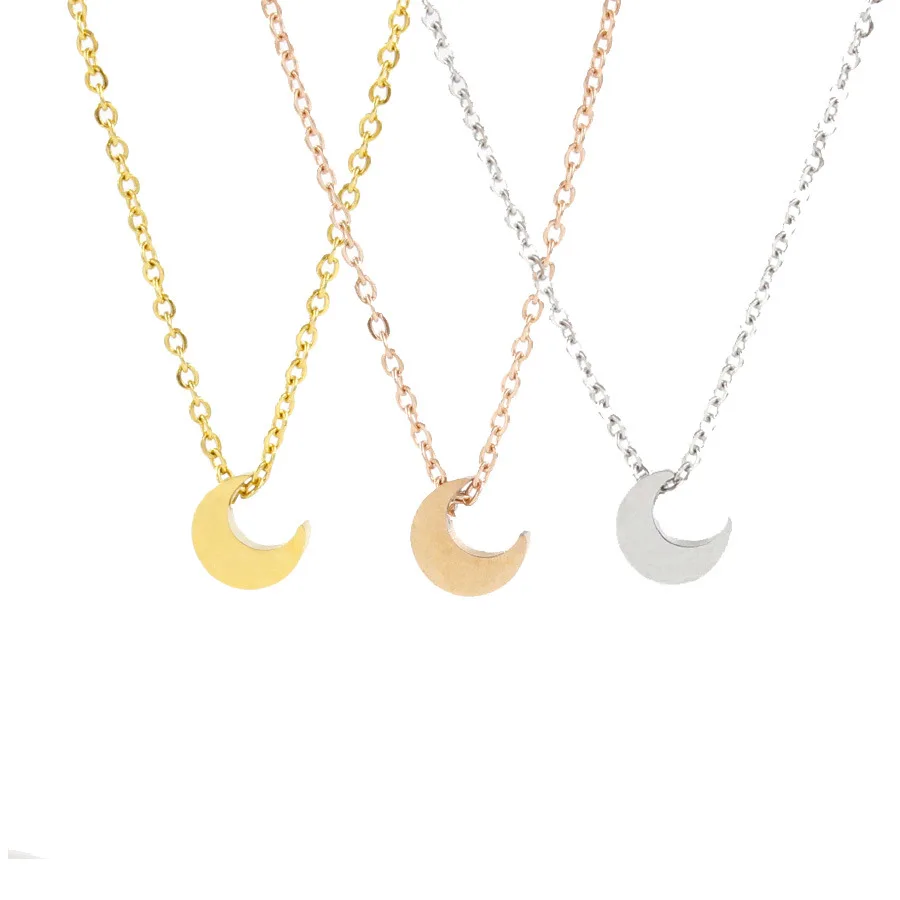 Women Ladies Dainty Simple Stainless Steel Jewelry Gold Plated Hammered Crescent Moon Pendant Necklace