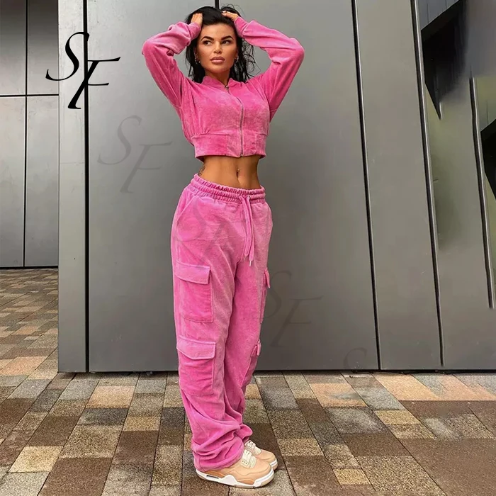 Star Fashion Ladies Track Suit 2 Piece Set Women Fall Velvet Pink Jacket And Big Pocket Pants Set Velour Tracksuit For Women