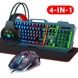 Metal panel with backlit wired keyboard mouse headset mouse pad four-piece office game set 4 in 1 mechanical keyboard