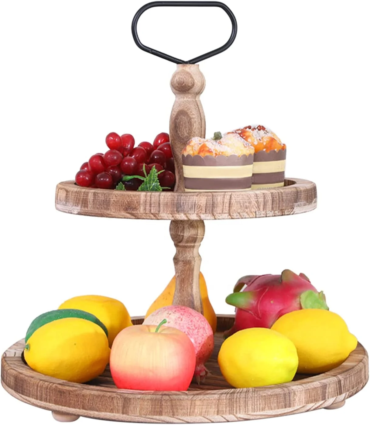 wholesale custom Rustic Brown Wood 2 Tier Tray with Metal Handle Wooden Tier Tray Tiered Serving Tray