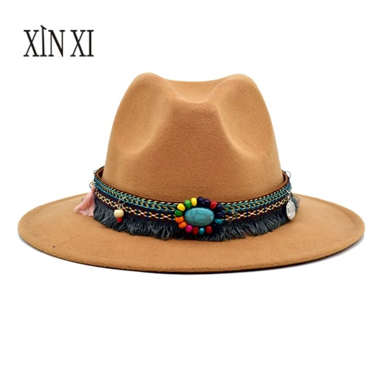 New Autumn Winter Women Men Vintage Fedora Hats British Cowboy Hat Yellow Black Solid Color Wool Wide Brim Fedora Hats