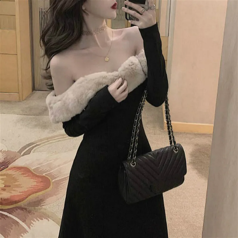 Винтажное женское платье D с длинным рукавом, Сексуальное вечернее черное платье с меховым воротником, женское цельнокроеное платье, корейское шикарное осеннее платье 2020