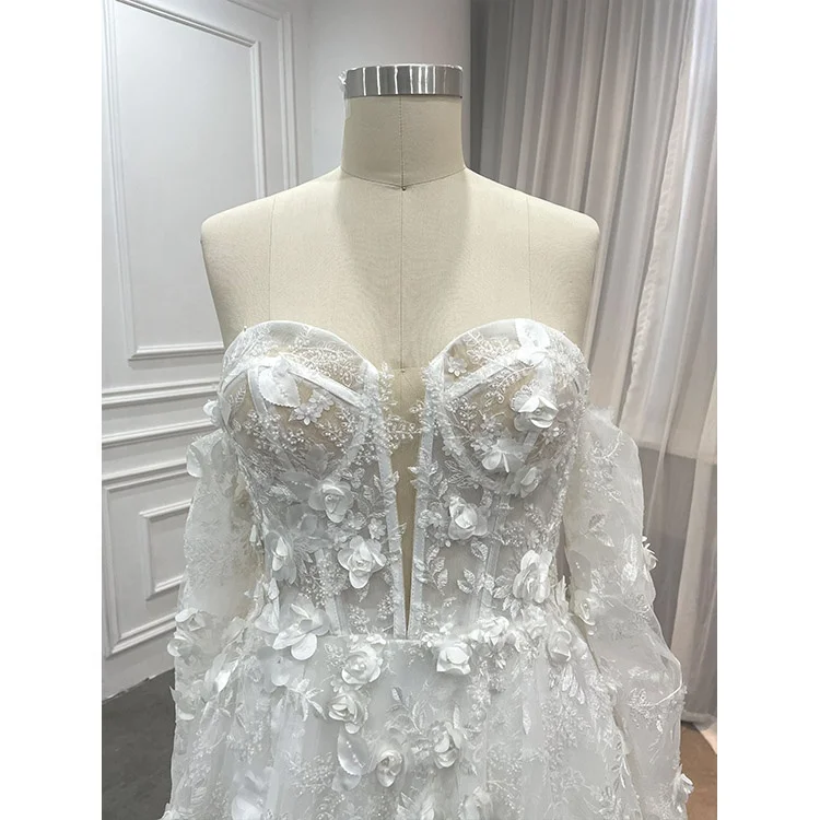 Оптовая продажа новый тренд дизайнерский 3D Цветочный Глубокий V-образный корсет свадебное платье женское кружевное со стразами и съемным рукавом