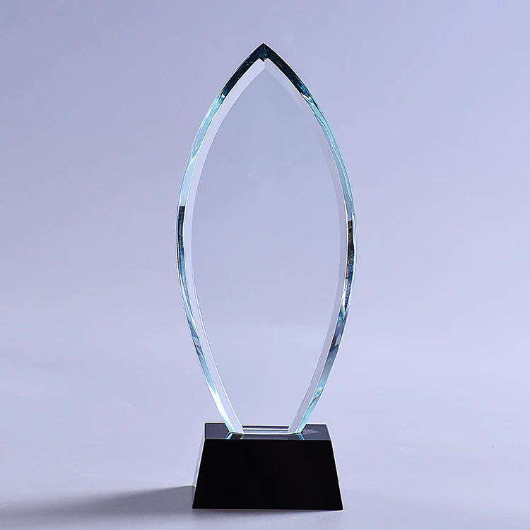High Quality K9 Blank Block Glass Leaf Shape Oval Crystal Award Trophy With Black Base