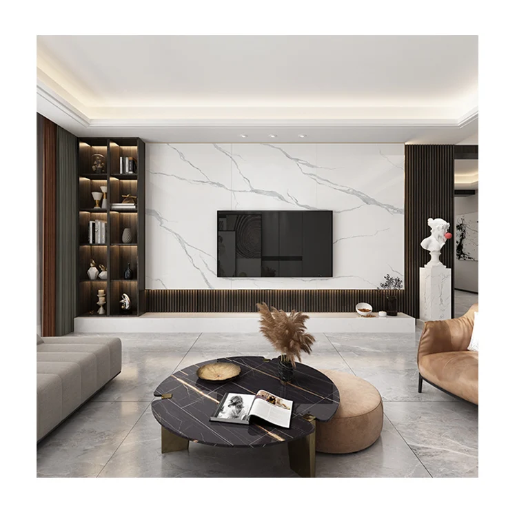 Каменная тарелка, подвесной телевизор, настенная плитка, современная простая мраморная гостиная, твердая деревянная решетка, свет, роскошная моделирующая плита