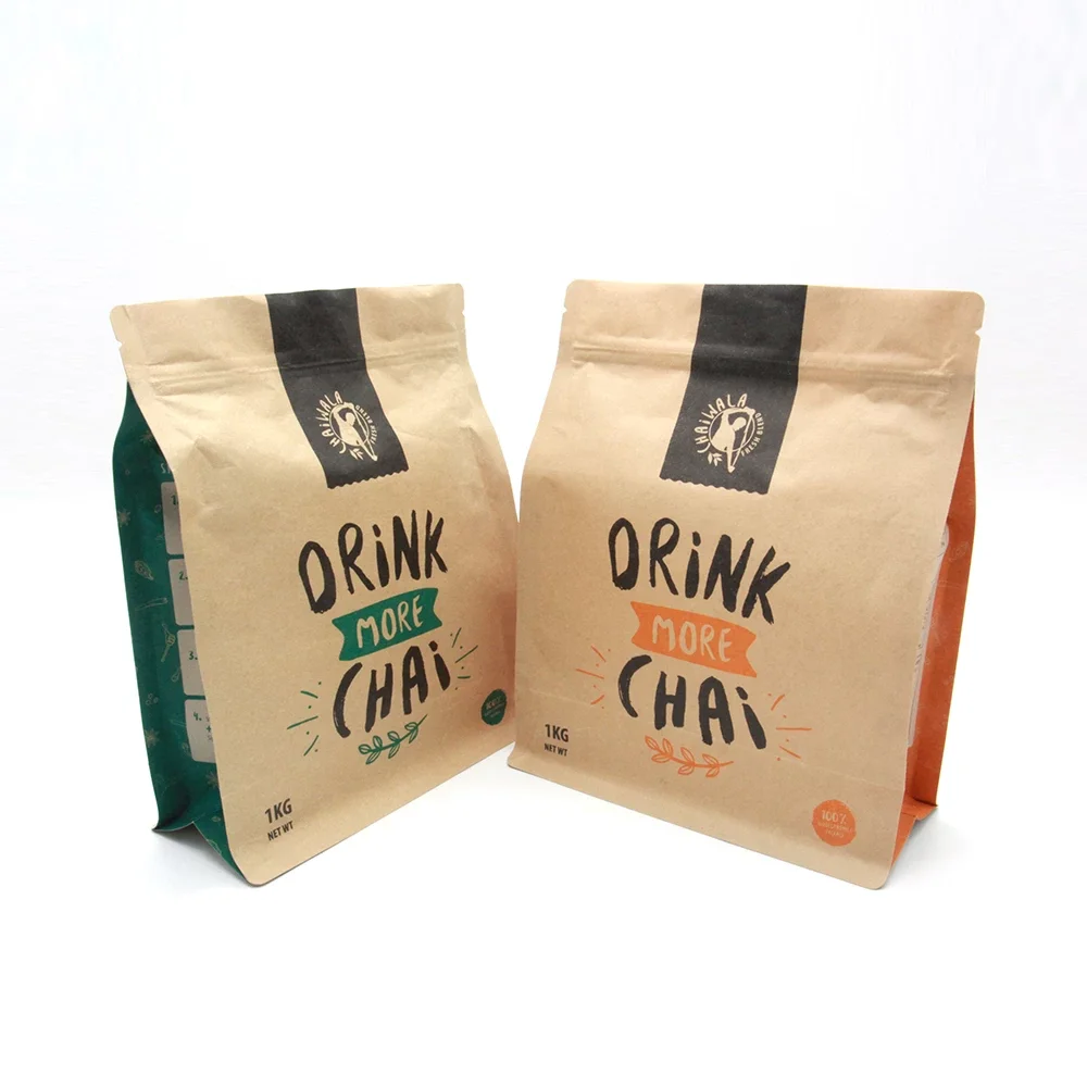 Custom Printed Compostable Recyclable Food Grade Brown Kraft Paper Aluminum Foil Flat Bottom Packing Pouch Bag For Coffee Tea