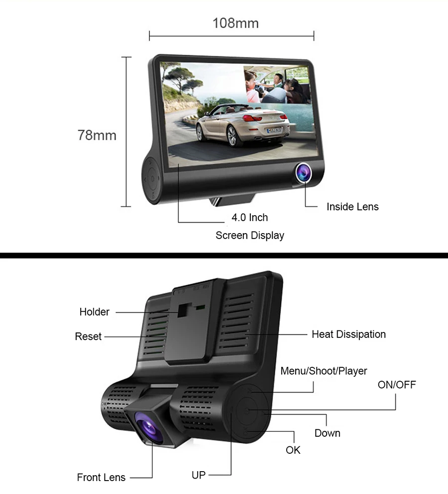 3 Lens Driving recorder  4 inch Display 1080P HD Car Cam with  Recording  G-sensor Dash Cam