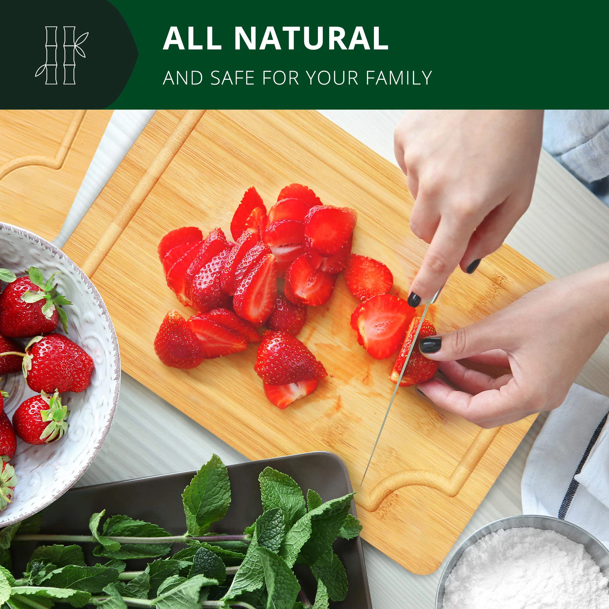 GL Large bamboo wood cutting board with ant-slip mat and juice groove