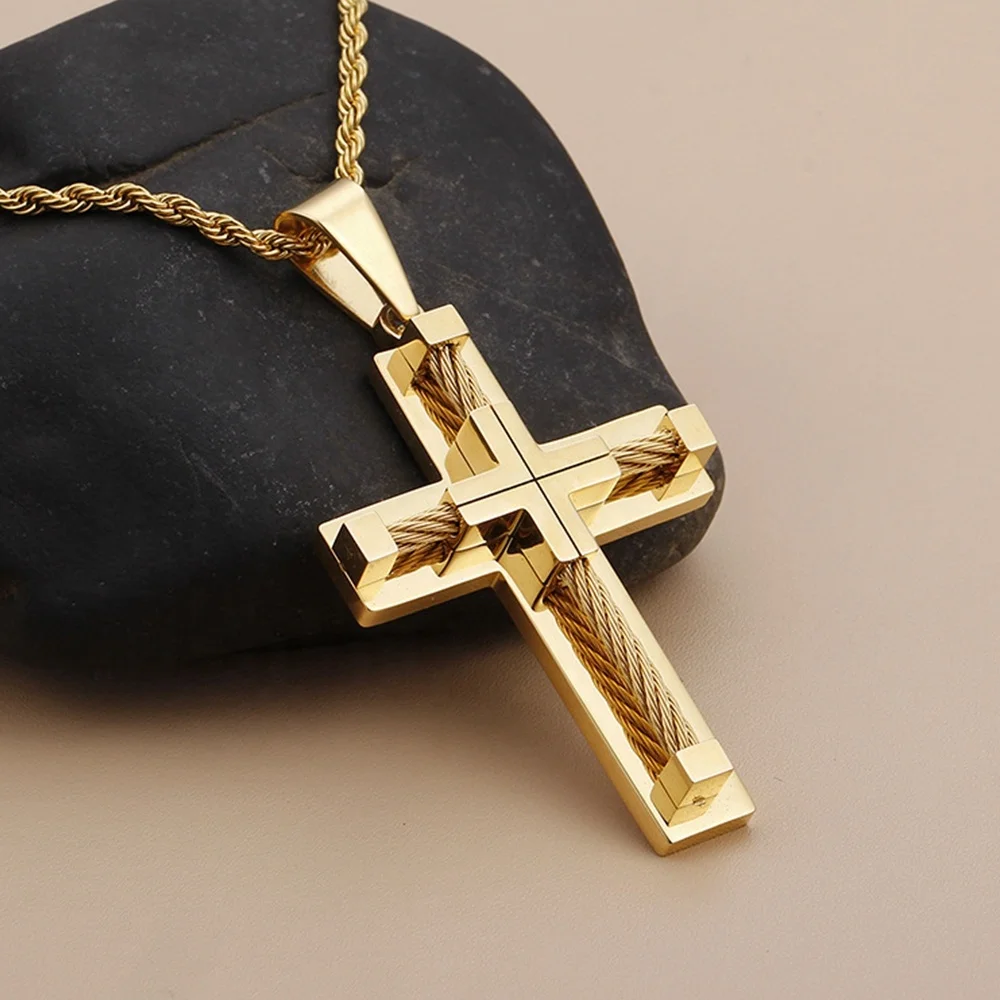 MECYLIFE 18K Gold Plated Hiphop Pendant Fashion Stainless Steel Christian Cable Wire Cross Necklace