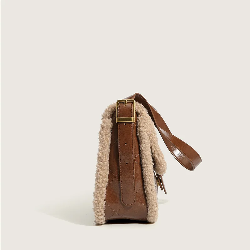 Factory Custom Faux Fur Satchel Shoulder Bag Brown Geometric PU Leather Sling Bags For Women Girls