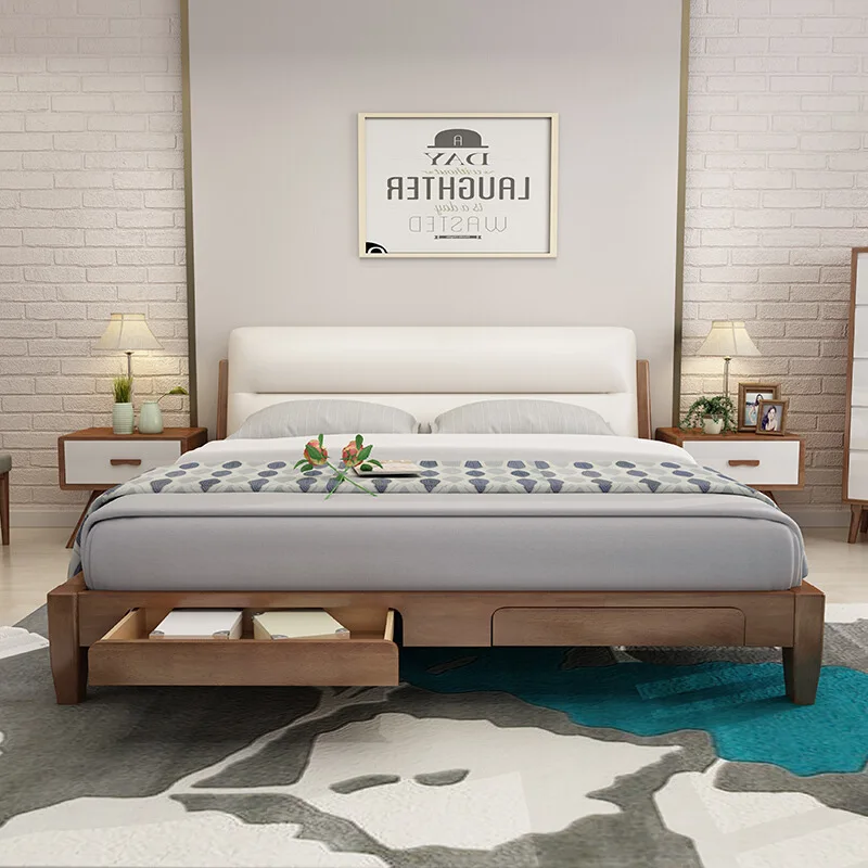 Nordic Wind Full Solid Wood /1.8m Small Household White Oak / High Box Storage Bed Princess Bed Bedroom Furniture BED