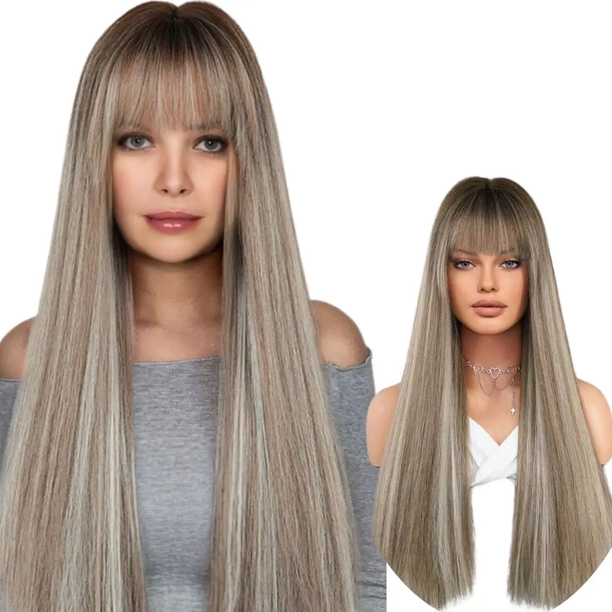 Anxin fashion Long Straight Highlight Blonde Grey Heat Resistant Fiber Wigs