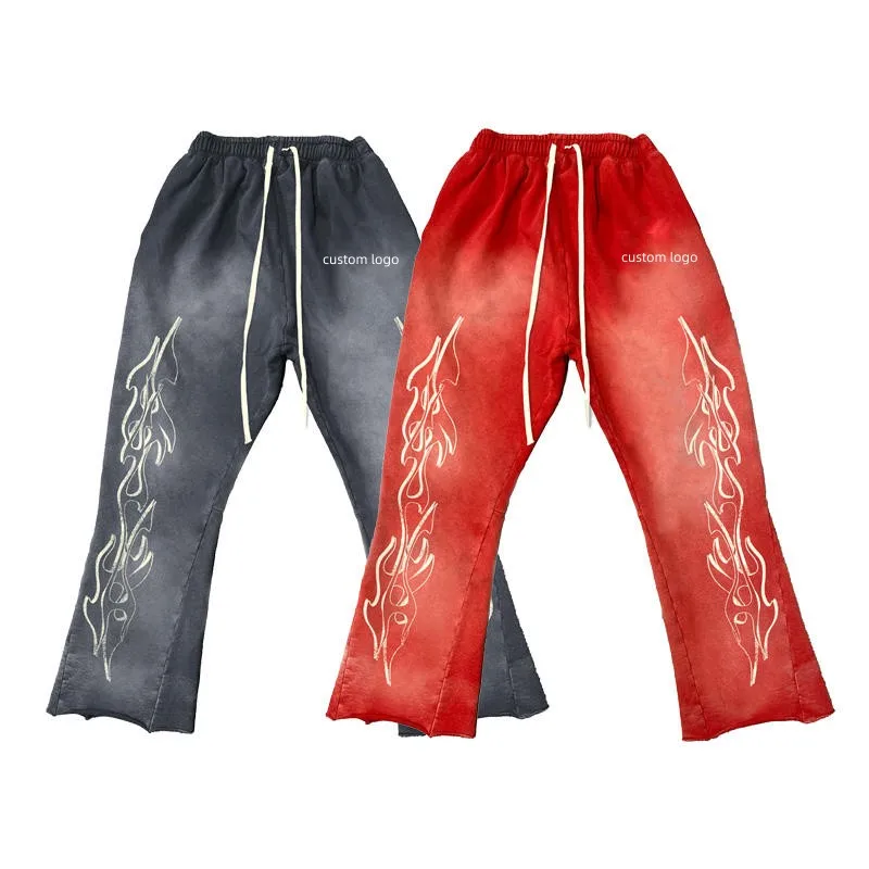Flare Sweat Pants Custom 100% Cotton French Terry Boot Cut Vintage Print Distressed Acid Wash Flare Custom Sweatpants Men