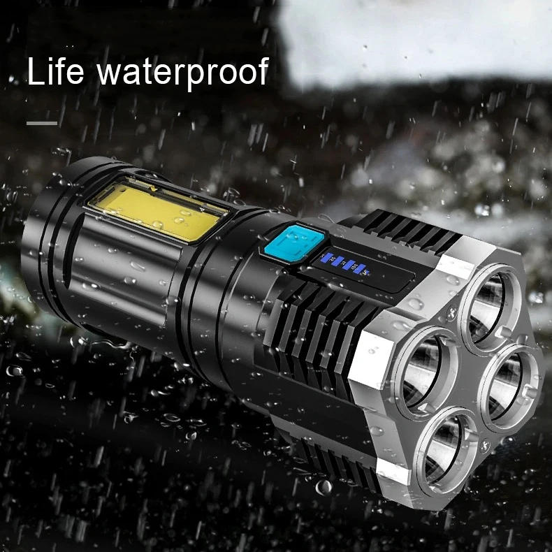 Rechargeable Outdoor Multi-function P1000 Led Long-range Spotlight 4-core Super Bright Flashlight with Battery Display COB Light