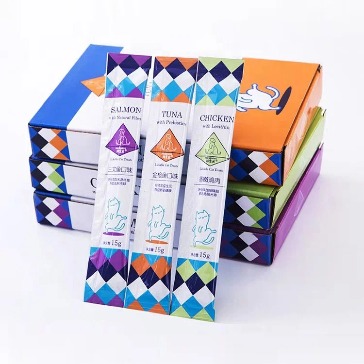 
 Custom Wholesale 15g Adult cat liquid snack package fresh meat strips Cat Snack Cheap Delicious Real Fish Cat Food  