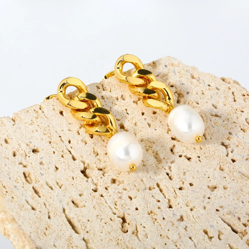 Dina Vintage Waterproof Women 18K Gold Plated Chain Earrings Stainless Steel Dainty Freshwater Pearl Drop Statement Earrings