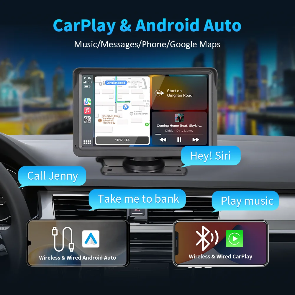 KLYDE Portable Wireless Carplay Android Auto Car Radio Autoestereo 7 Inch Touch Screen GPS Navigation Smart Car Monitor PND