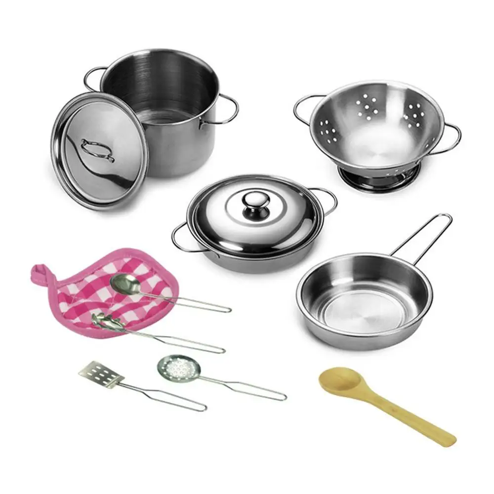 12pcs Girls Kids Mini Pretend Play Tools Wholesale Simulation Stainless Steel Children Kitchen Cookware Pots Pans Food Toys Set