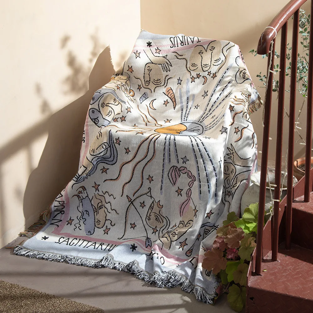 Twelve Constellations Custom Camping Blanket Polyester And Cotton Woven Tapestry With Fringe