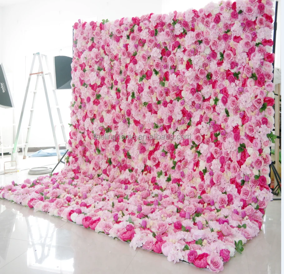 Wedding Stage Floral Backdrop Decor High Quality Pink Rose Flower Wall Curtain Mat 3D Roll Up Cloth Fabric Flower Wall