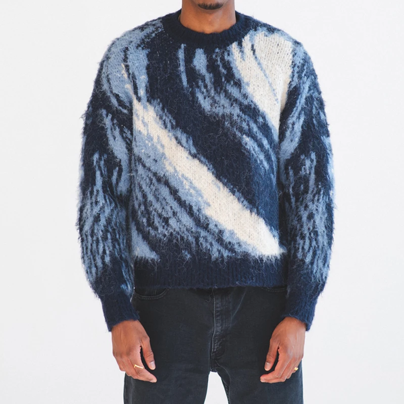 Winter custom design abstract OEM jacquard pattern brushed furry plus size loose Knitted pullover mohair men sweater