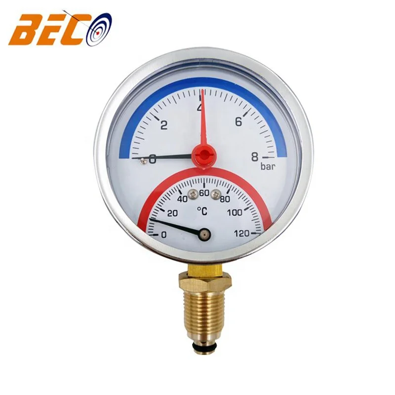 BECO manometer and thermometer,  63mm Stainless Steel Case compound temperature and pressure gauge
