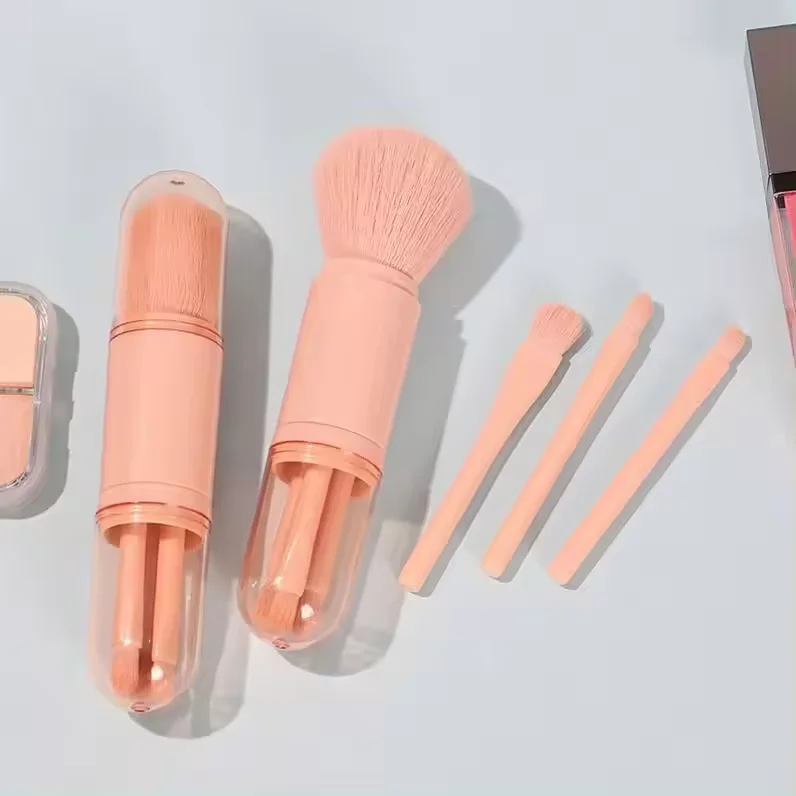 DailyQueen 4-In-1 Retractable Mini Makeup Brush Set Portable Travel Highlight Blooming White Eye Shadow Powder Brush