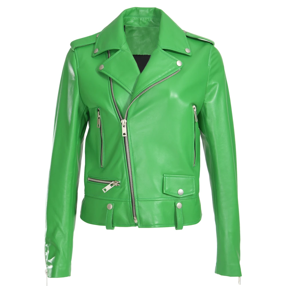 Ladies Biker Real Sheep Leather Motorcycle Wholesale Custom Cropped Motorbike 100% Pure Sheepskin Genuine Leather Jacket Women