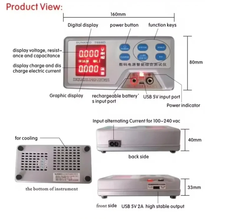 SUNKKO T668D battery tester 0.8- 5.5V DC 0-3A digital power supply Intelligent comprehensive tester