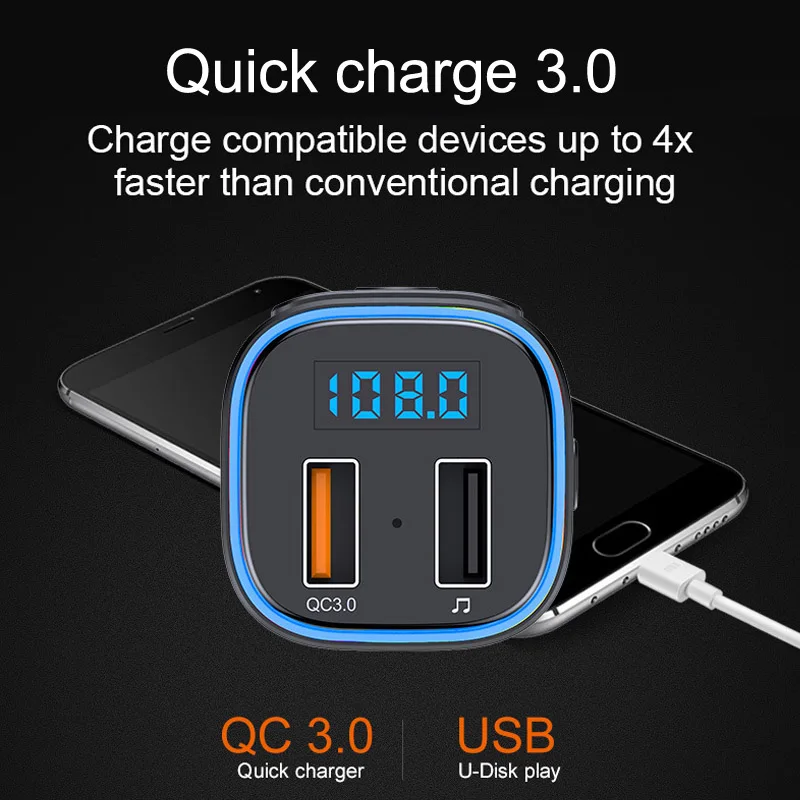 Dual USB Qc3.0 Quick Charge With Ambient Ring Light Handsfree BTCar Kit Fm Radio Transmitter Car Mp3 Player