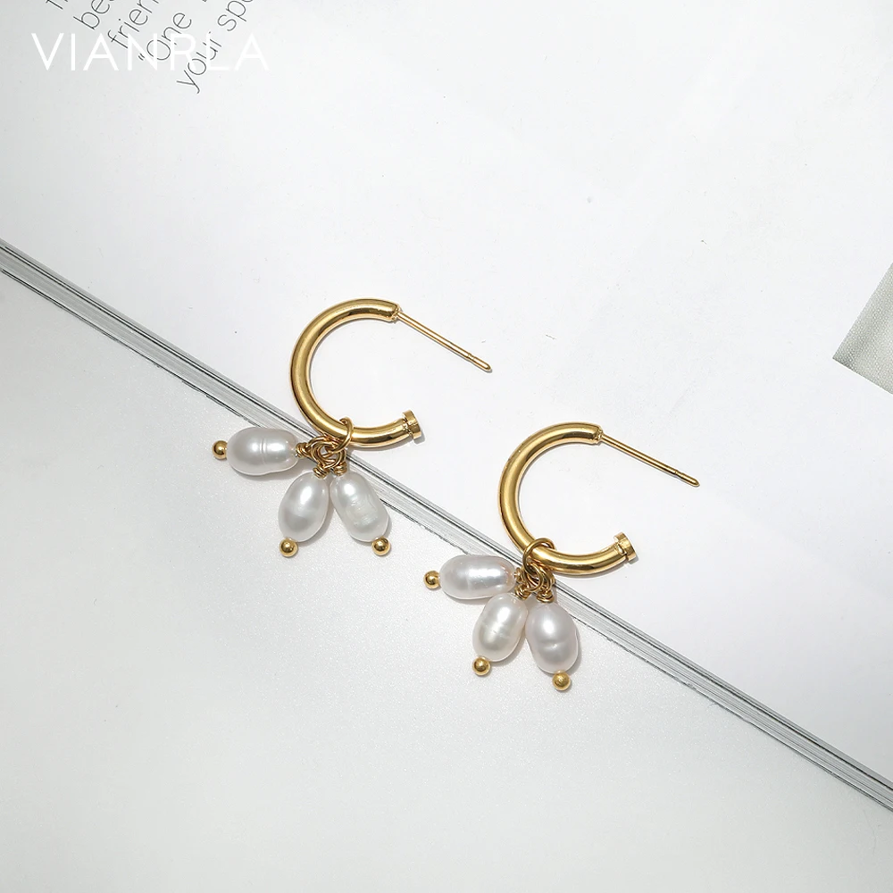 VIANRLA Stainless Steel Jewelry  Leaf Shape Pearl Earrings Minimalism Gift 18K Gold PVD Plated Free Laser Logo Drop Shipping