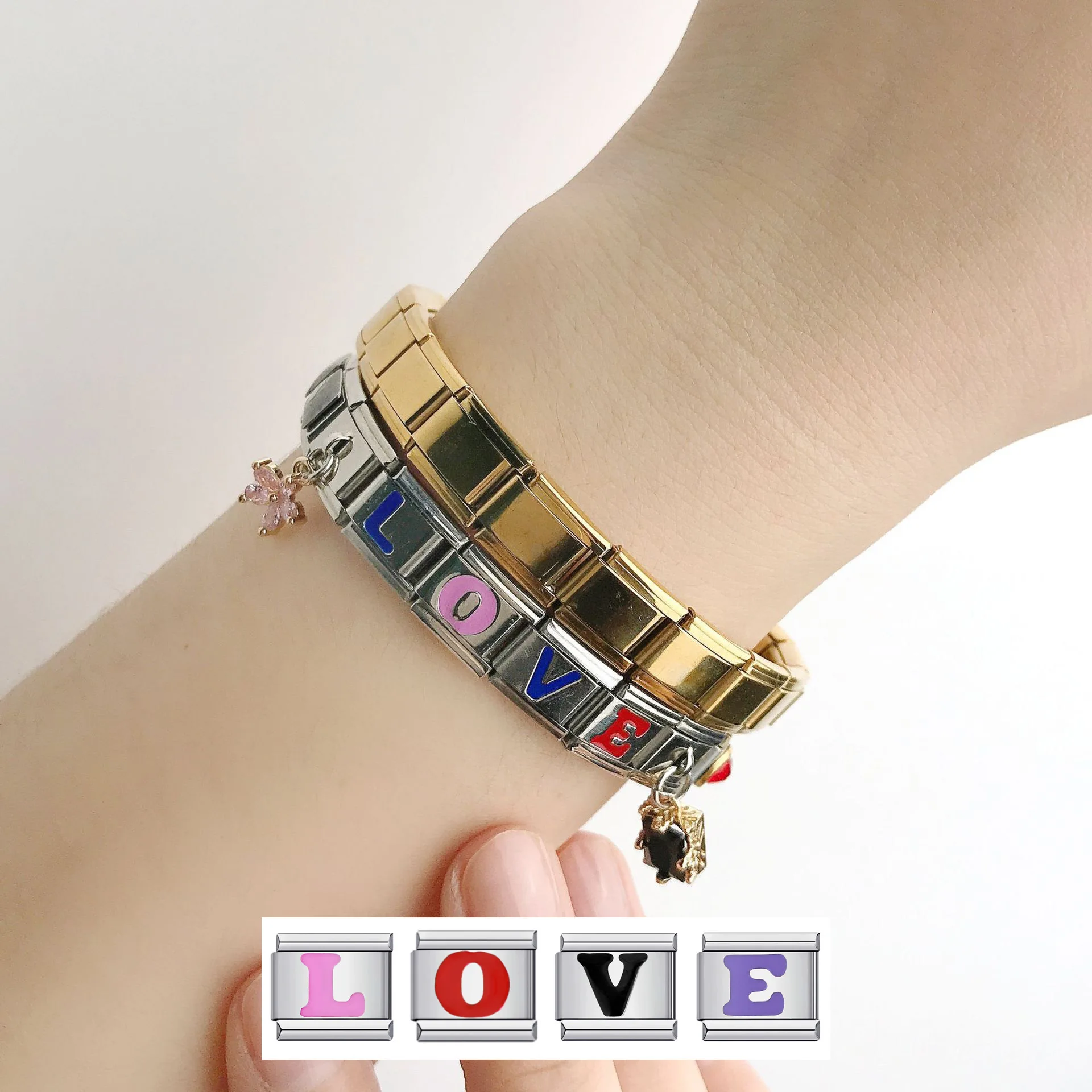 DAIHE Colorful Italian Charm Bracelet Stainless Steel Bracelet Oil Drop 26 English Letters DIY Module Bracelet for Women