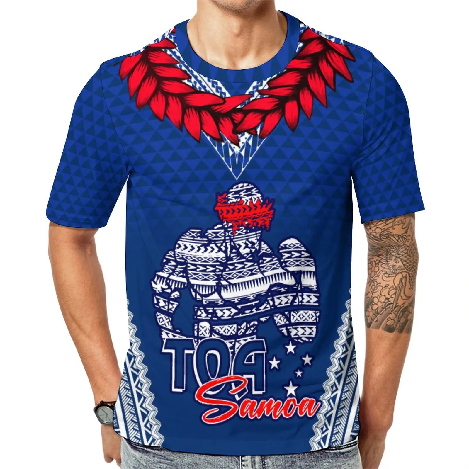 Toa Samoa T Shirts Custom Logo Blue And White T-shirts Polynesian Tribal Top Quality Short Sleeve Round Neck Blank Men Tee