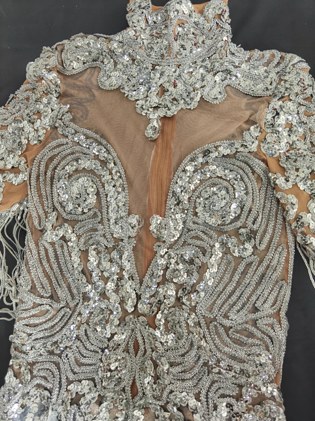 Shining Silver Sequins High Slit Fringes Dress Women Nightclub Deep V Perspective Tassel Party Dress Singer Dance Stage Costume