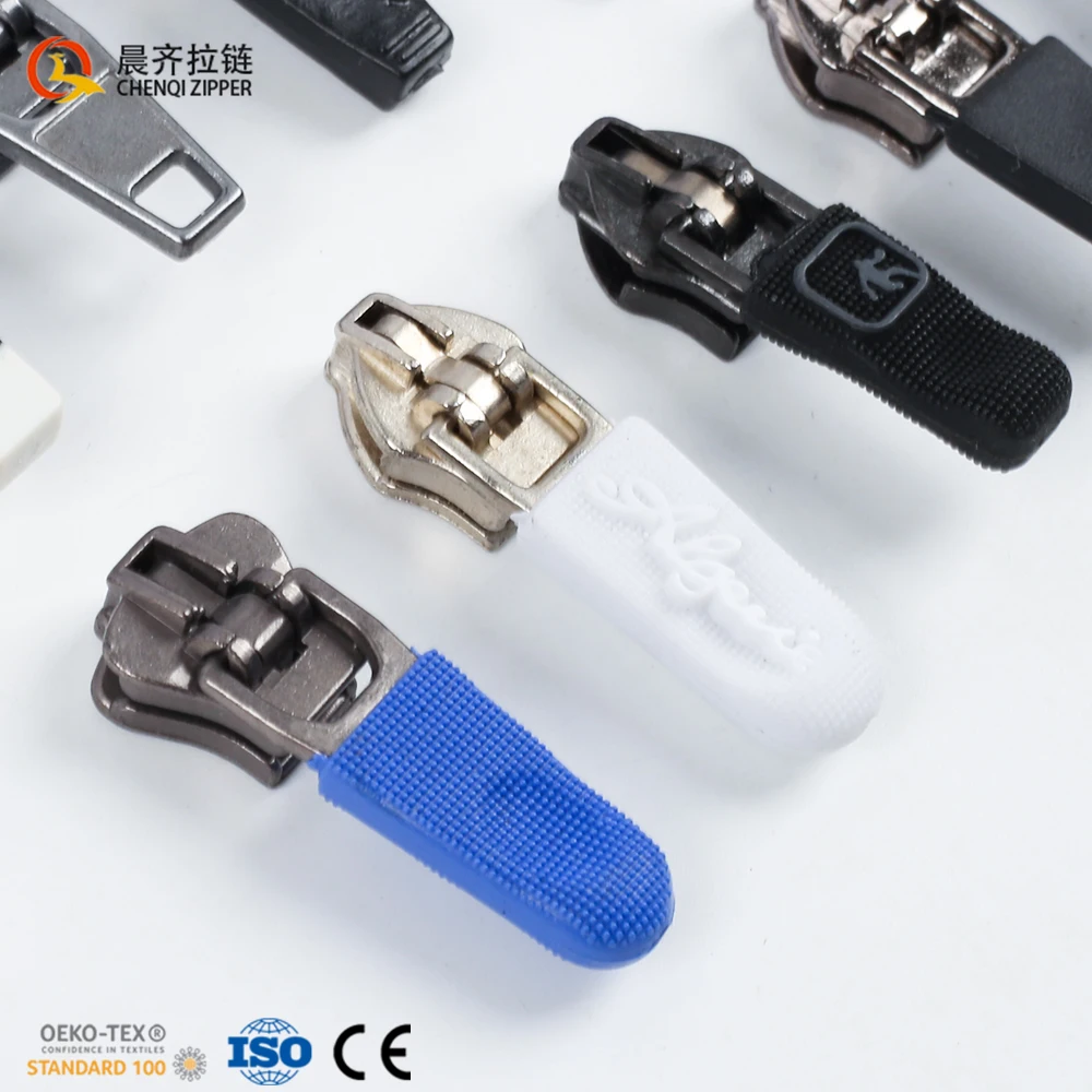 Chenqi Wholesale Quick Design Logo Molded Colourful Custom Rubber Zipper Puller Spring Lock Zipper Sliders For Clothes