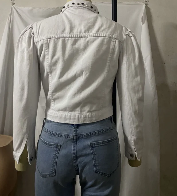 White coat bubble puffy sleeve crop jacket ladies bead rivet fall denim jackets women